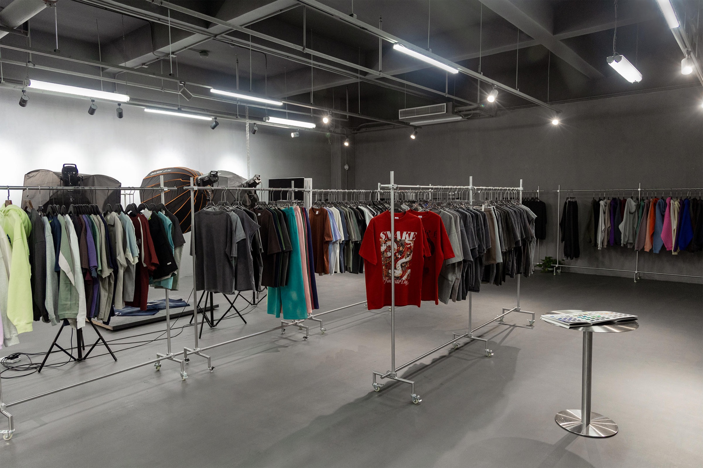 Garment sample showroom with apparel on display