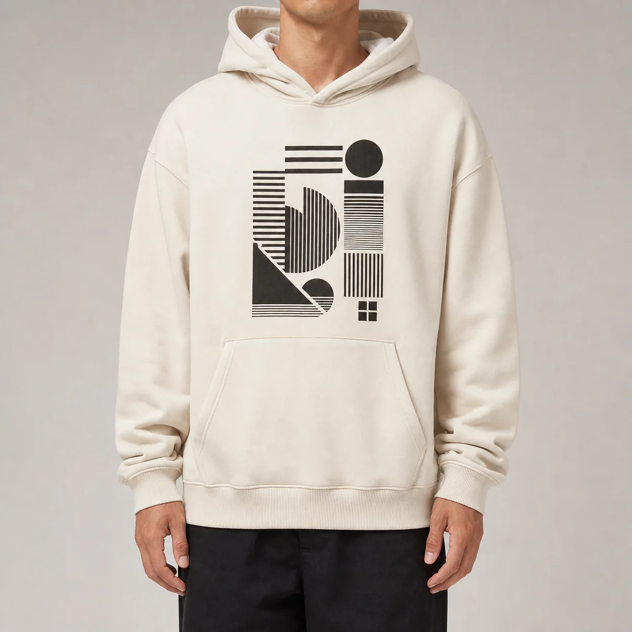 Graphic screen-printed hoodie on a model