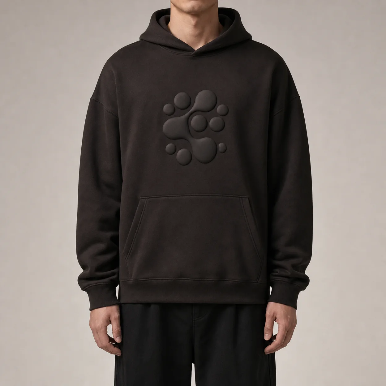 Puff-print hoodie on a model